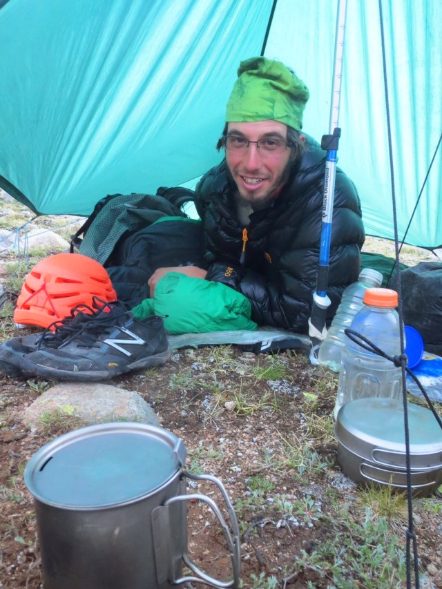 Luke under his tarp at our camp in Navajo Basin.