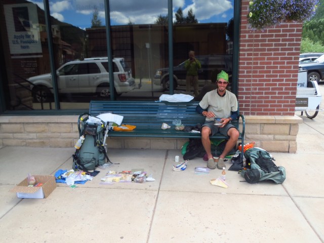 Organizing our resupply outside of the Telluride PO.