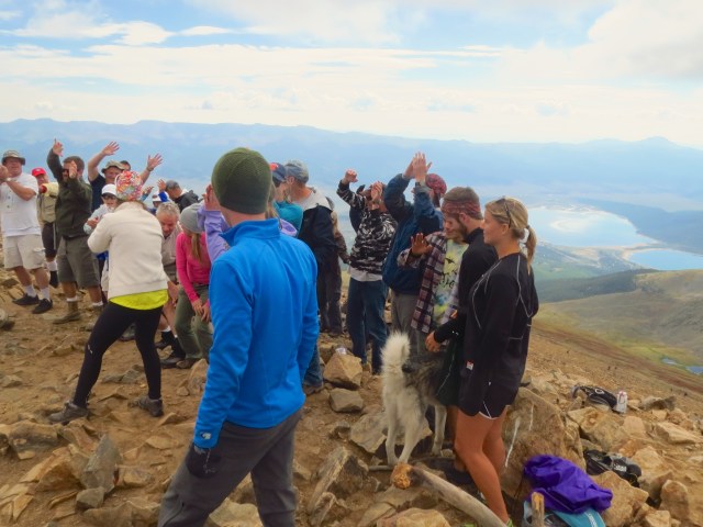 A rather large flash mob at the top of Elbert for a guy who was finishing the 14ers that day.