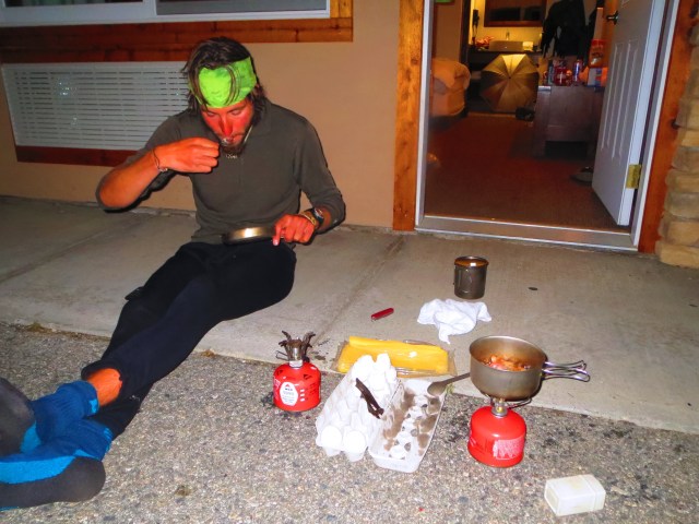 Luke and Junaid got a room at Mt. Princeton hot springs after getting drenched in an extremely intense thunder storm. This 12-egg package of bacon snack after a good soak was delicious.